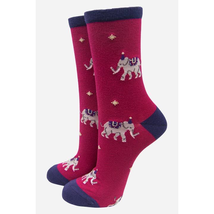Women's Elephant Bamboo Socks - Fuchsia (Size 3-7)