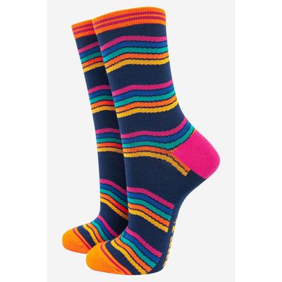 Women&#39;s Rainbow Stripe Bamboo Socks - Navy (Size 3-7)