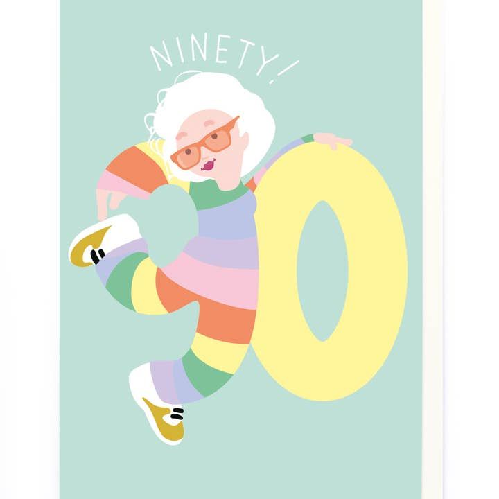 90th Girl Stripy Outfit Birthday Card