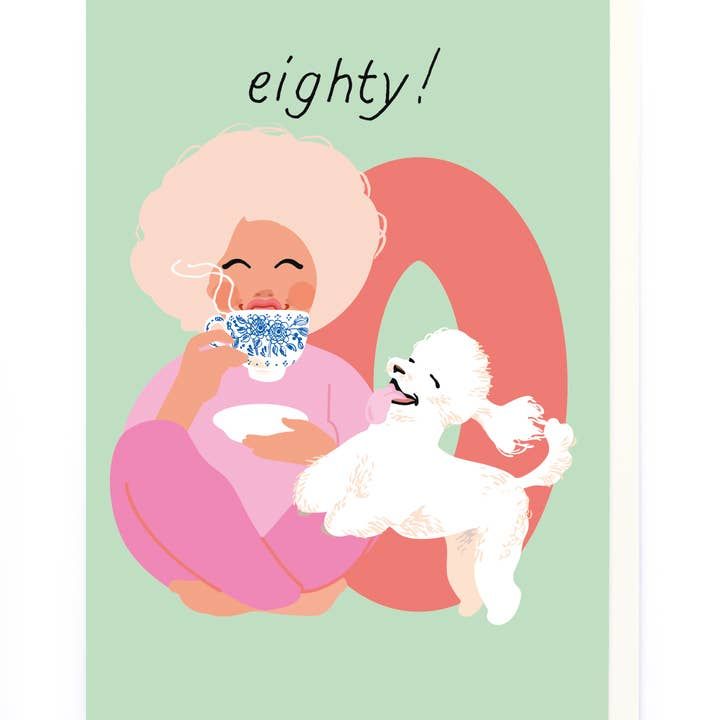 80th Girl Poodle And Cuppa Birthday Card