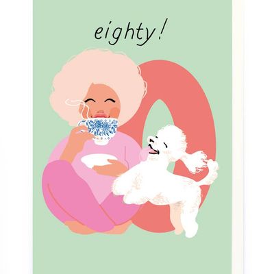 80th Girl Poodle And Cuppa Birthday Card