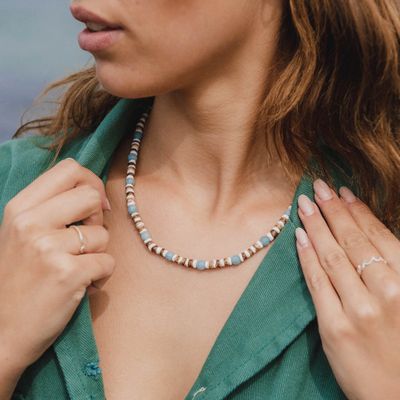 Blue White Wood Bead Necklace