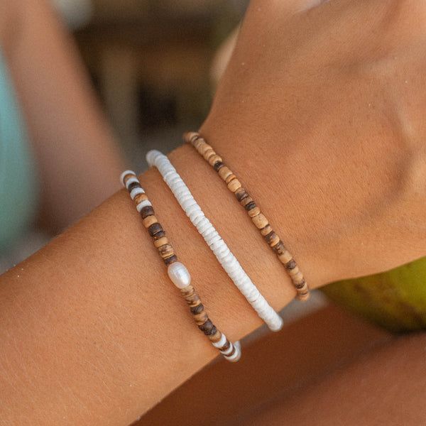 Wooden And White Bead Bracelet Set