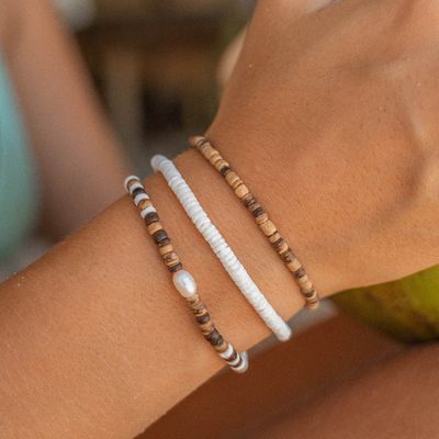 Wooden And White Bead Bracelet Set