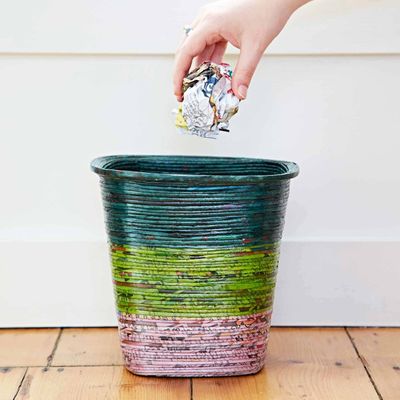 Recycled Newpaper Waste Paper Basket - Dark Green / Green / Lilac