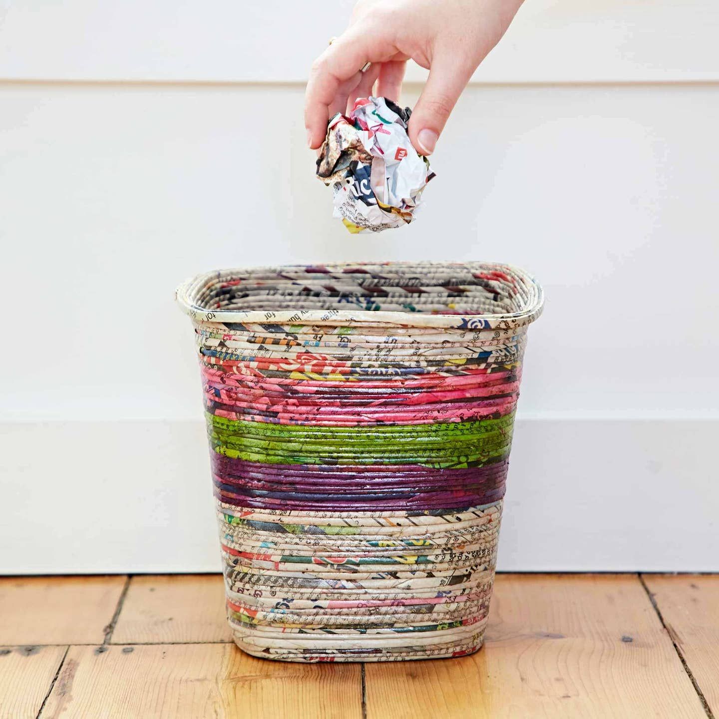 Recycled Newspaper Waste Paper Basket - Natural / Pink / Green / Purple
