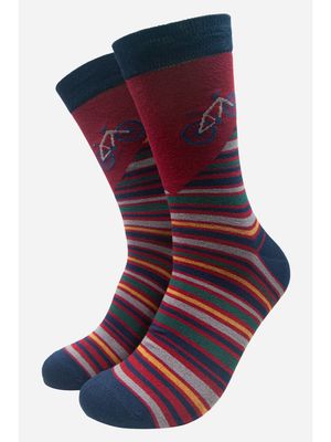 Men&#39;s Mountain Bike Stripe Bamboo Socks - Burgandy (Size 7-11)