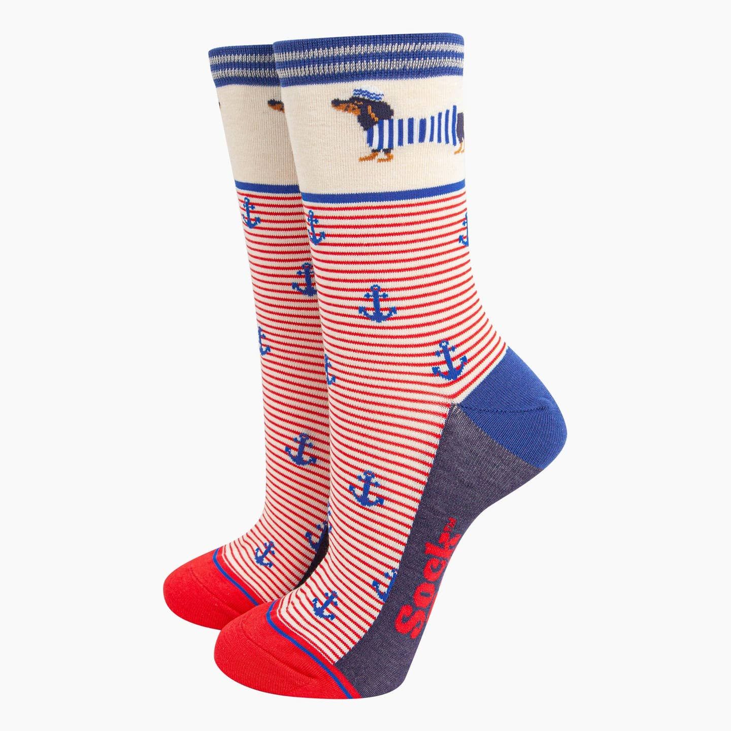 Women&#39;s Sausage Dog Sailor Stripe Bamboo Socks - Navy &amp; Red (Size 3-7)