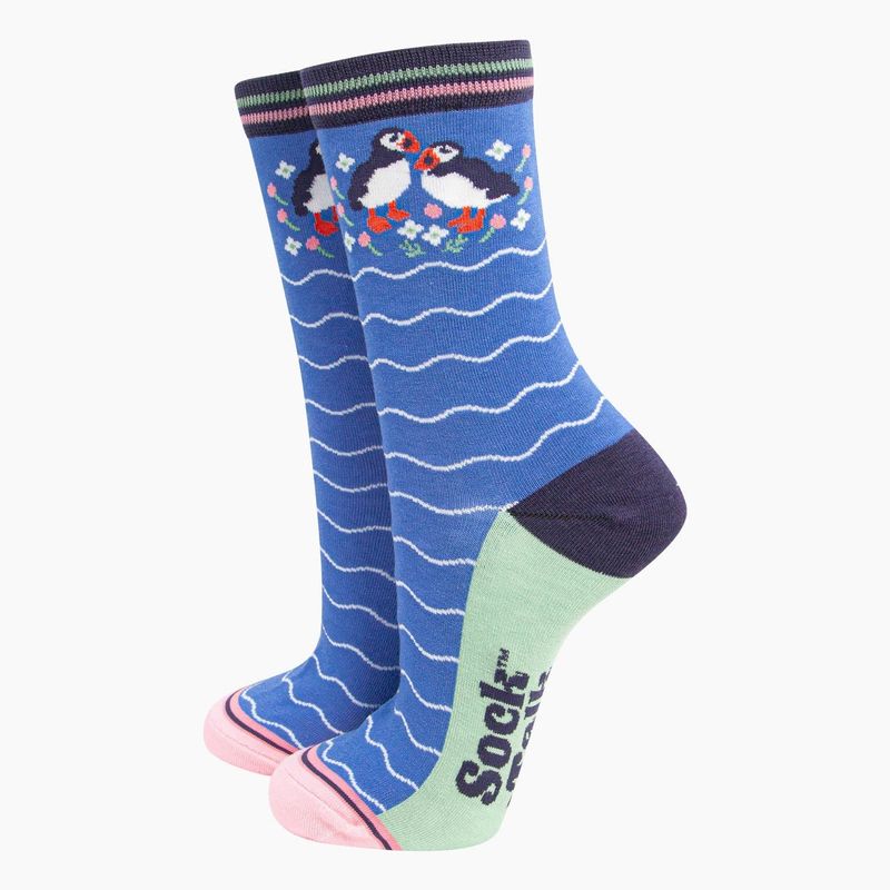 Women's Puffins &amp; Flowers Bamboo Socks - Blue (Size 3-7)