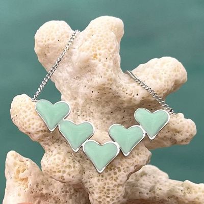 Five Hearts Mint Enamel Necklace