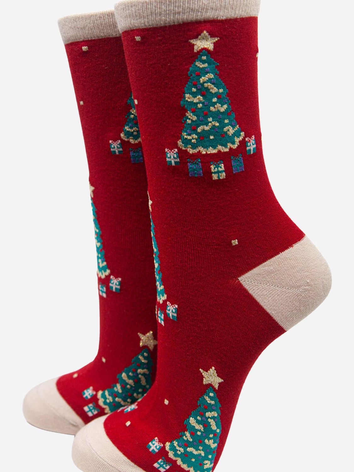 Women&#39;s Christmas Tree Bamboo Socks - Red (Size 3-7)