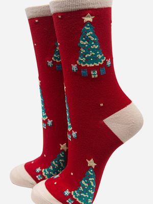 Women&#39;s Christmas Tree Bamboo Socks - Red (Size 3-7)