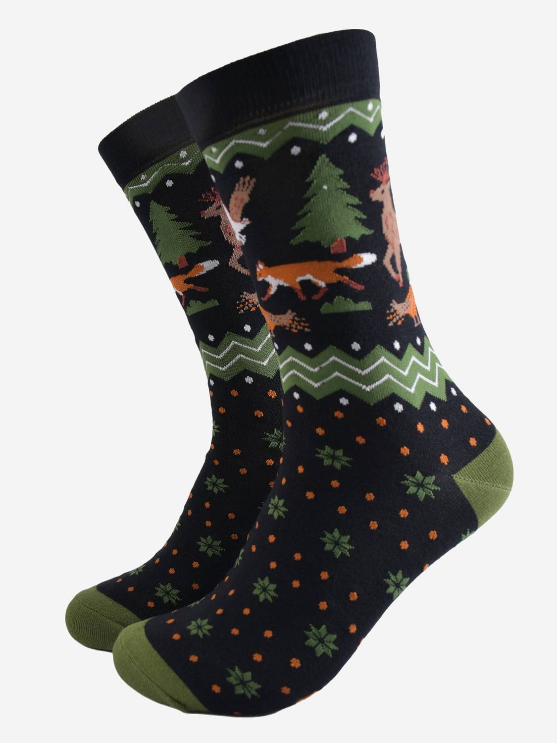 Men&#39;s Woodland Animals Bamboo Socks - Black/Green (Size 7-11)