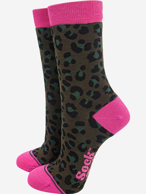 Women's Leopard Print Bamboo Socks - Khaki/pink (Size 3-7)
