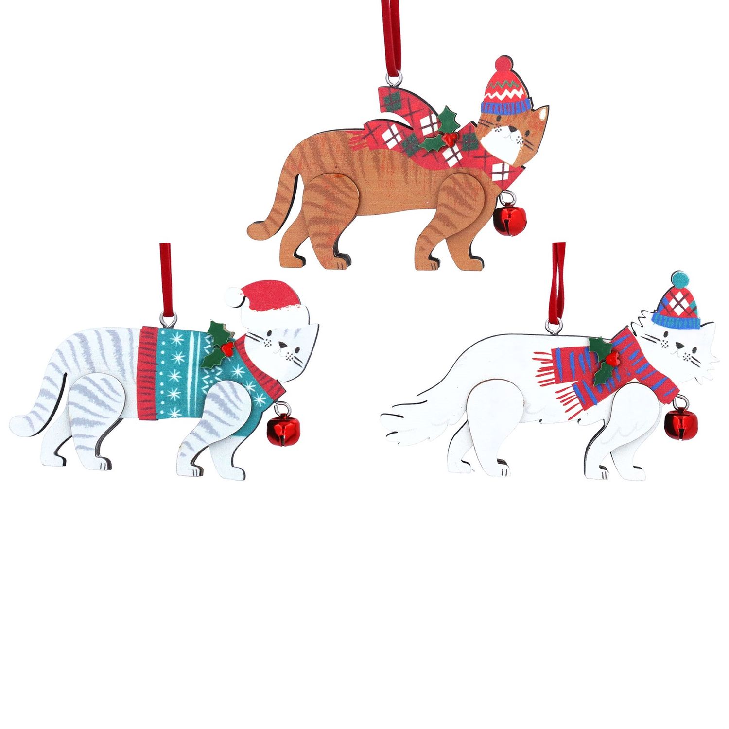 Christmas Jolly Cat Wooden Tree Decoration (Assorted)