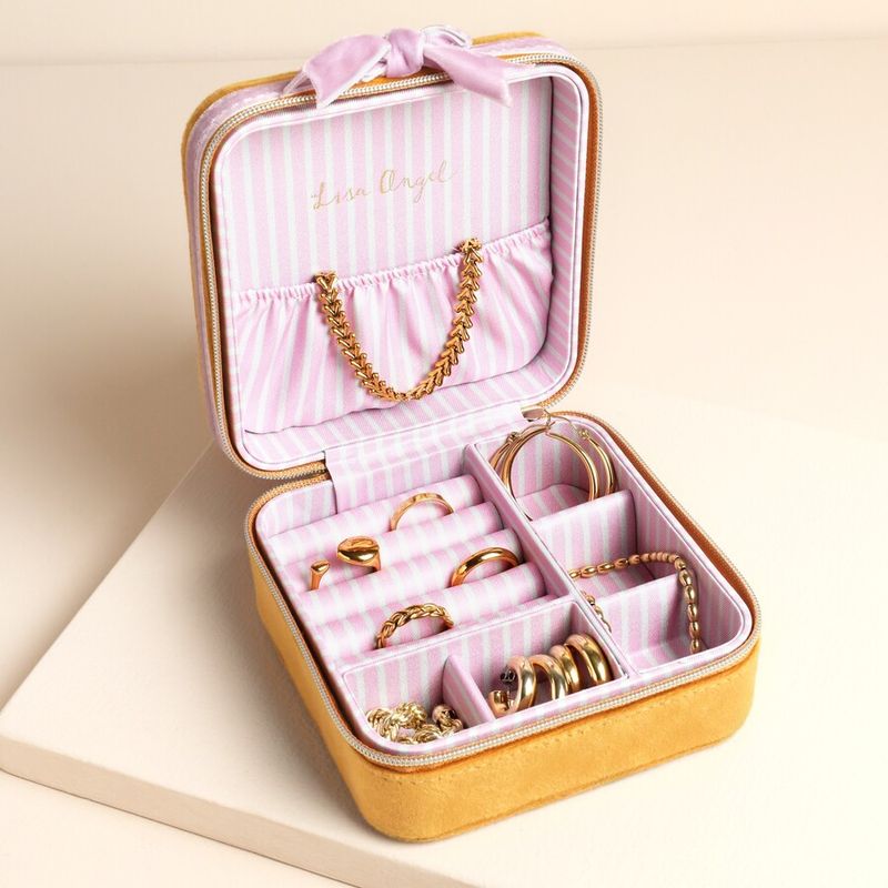 Velvet Square Travel Jewellery Case - Mustard &amp; Pink