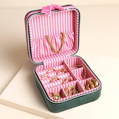 Velvet Square Travel Jewellery Case - Green &amp; Pink