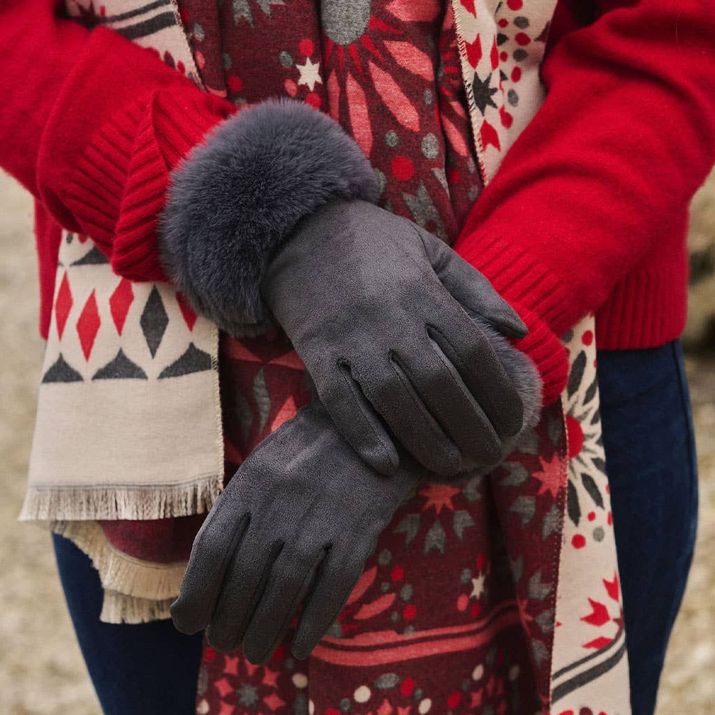 Tess Faux Fur Trim Gloves - Charcoal Grey