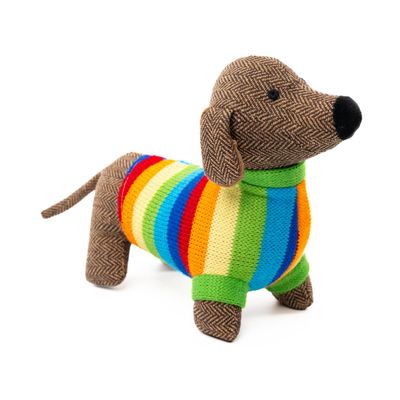 Tweed Sausage Dog Toy In Stripy Jumper