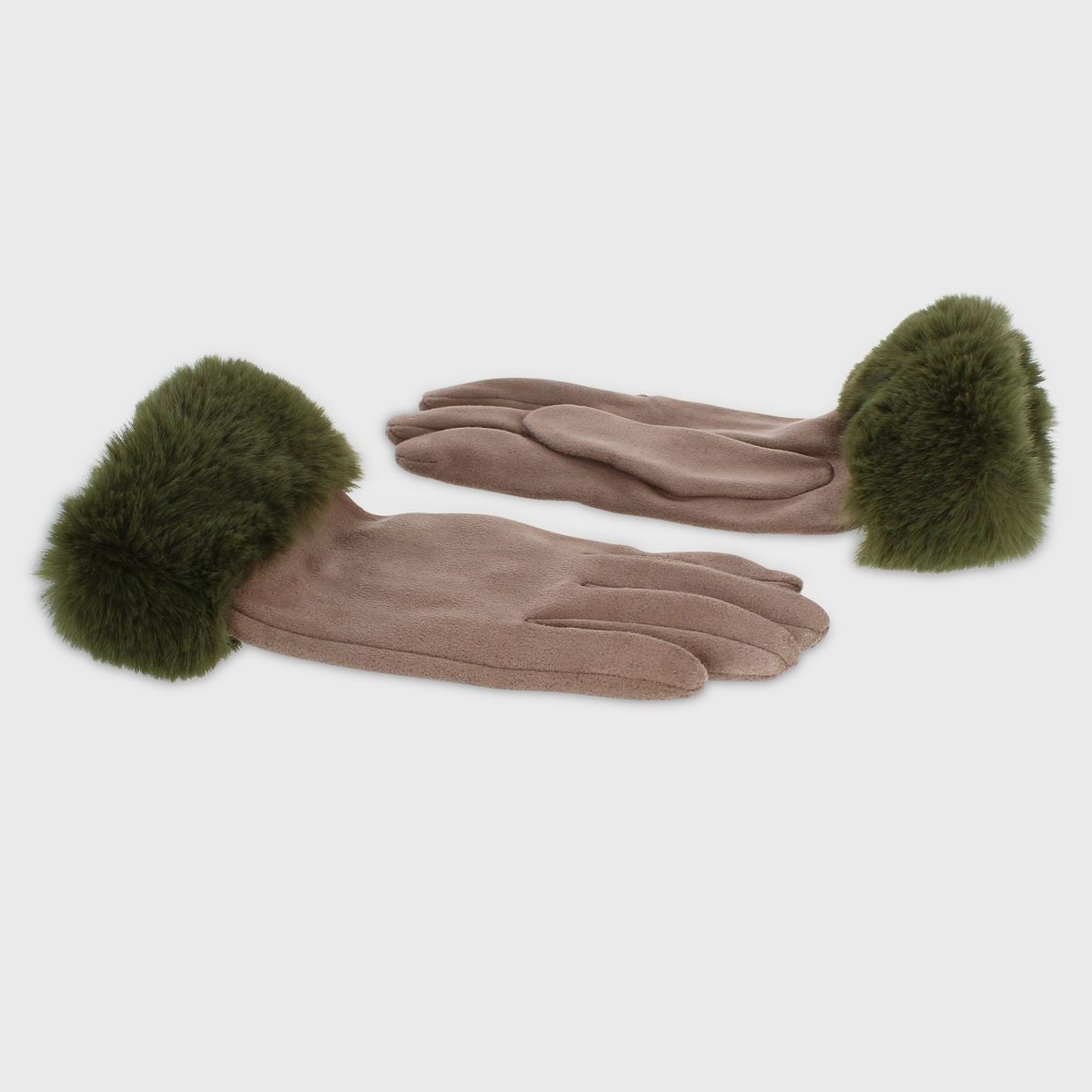 Gloves With Contrast Faux Fur Edge - Mocha &amp; Green