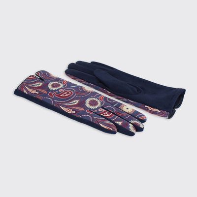 Chloe Faux Suede Gloves - Navy &amp; Burgandy Print