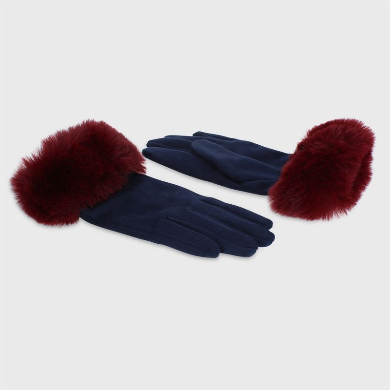 Gloves With Contrast Faux Fur Edge - Navy &amp; Burgandy