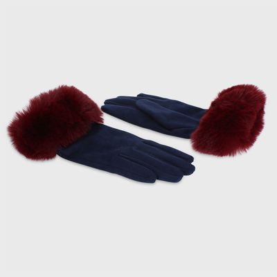 Gloves With Contrast Faux Fur Edge - Navy &amp; Burgandy