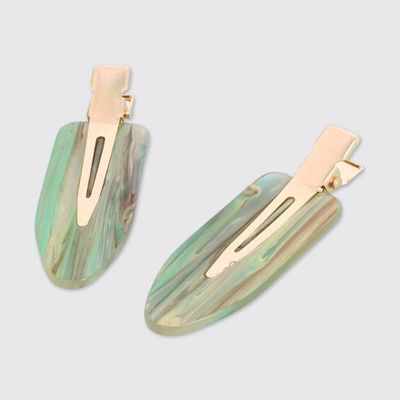 Retro Creaseless Hair Clips (Set Of 2) - Green/Brown