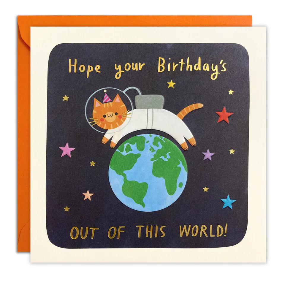 Square Peg Space Cat Birthday Card