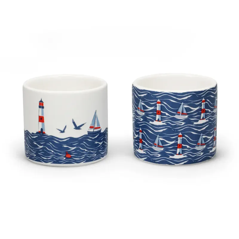 Coastal Waves &amp; Lighthouse Ceramic Egg Cups Set Of 2