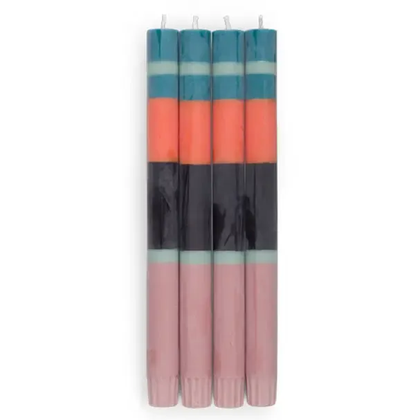 Striped Eco Dinner Candles Pack Of 4 - Rose, Petrol, Opaline, Orange &amp; Jet