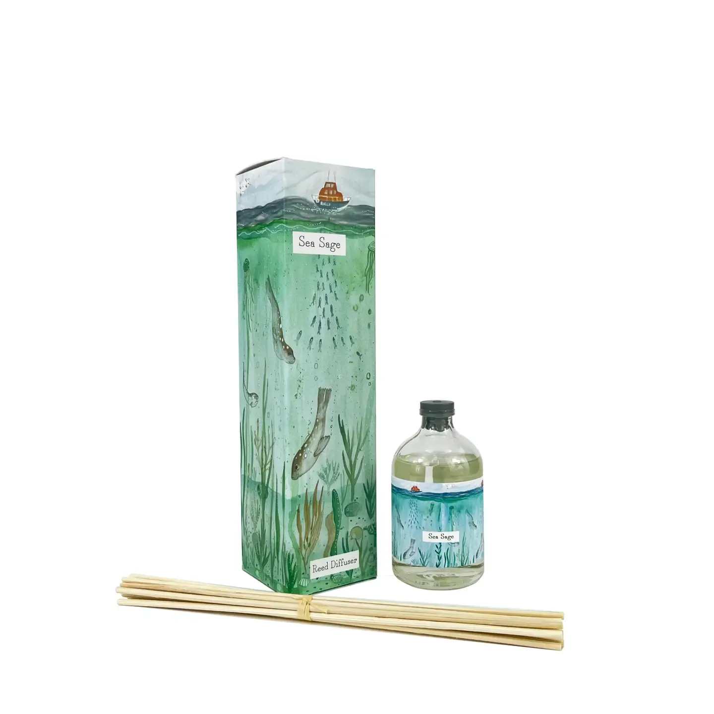 Coastal Sea Sage &amp; Driftwood 100ml Reed Diffuser - Diving Seals &amp; Lifeboat