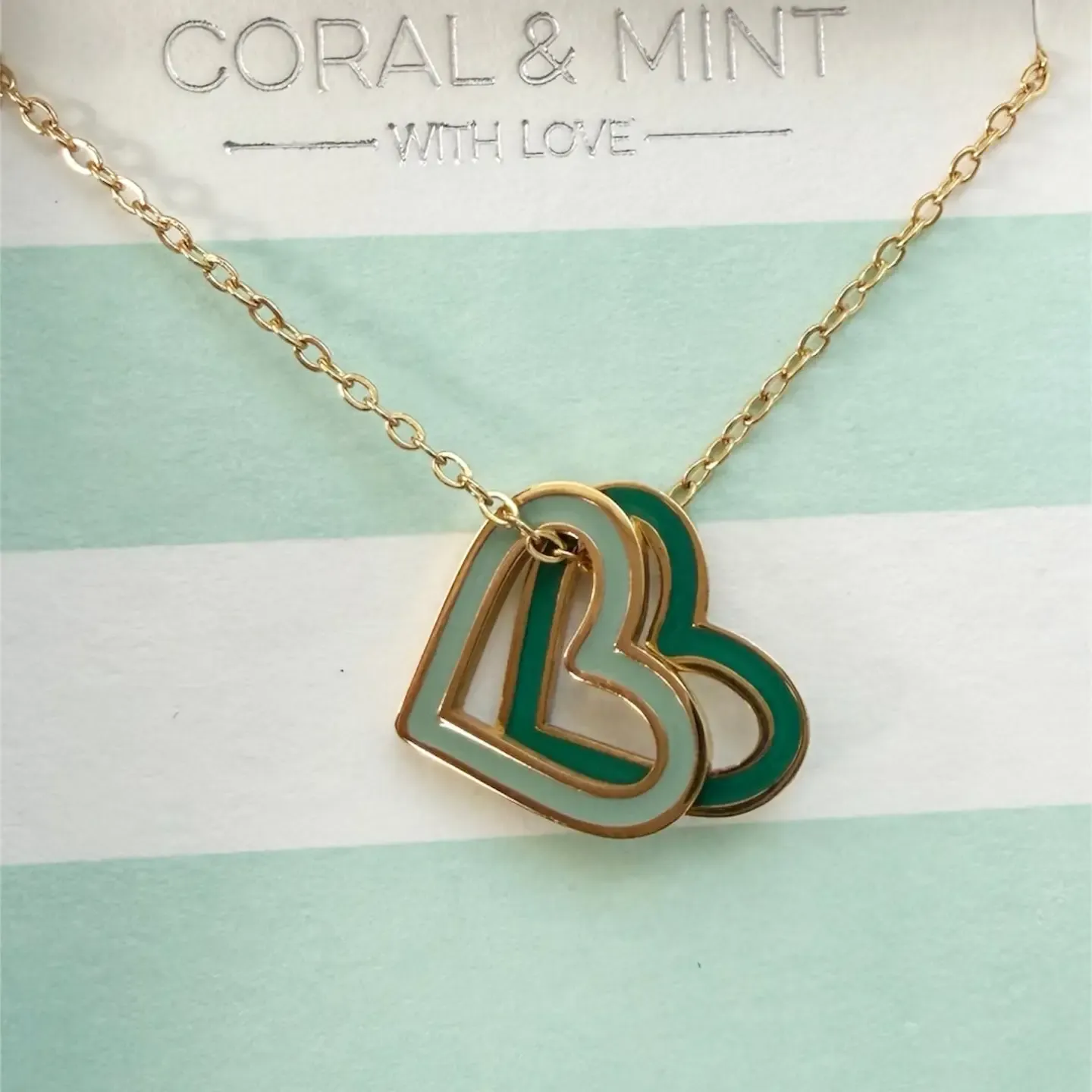Gold Double Heart Charm Necklace - Mint &amp; Teal