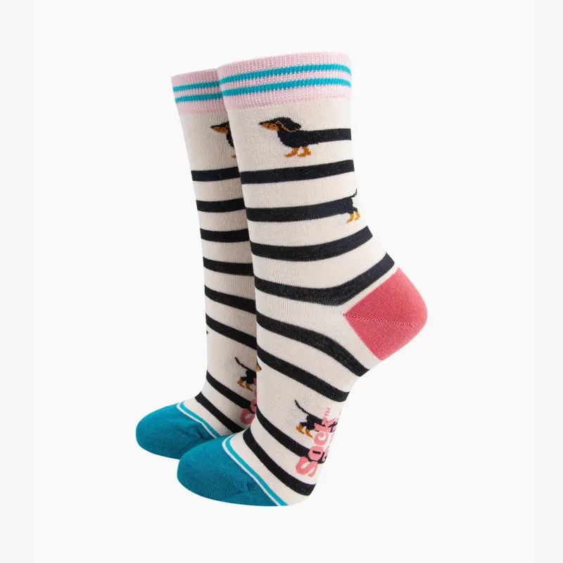 Women's Winding Sausage Dog Bamboo Socks - Cream (Size 3-7)