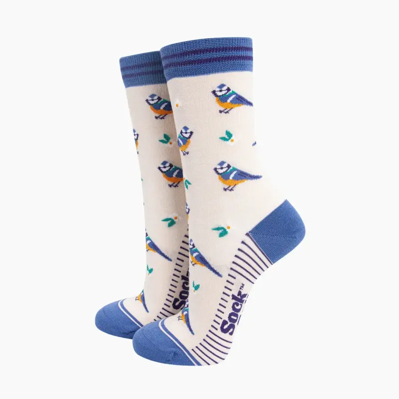 Women's Blue Tit Bamboo Socks - Cream (Size 3-7)