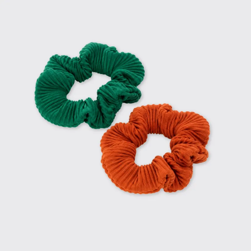 Crinkle Set Of 2 Scrunchies Green/Orange