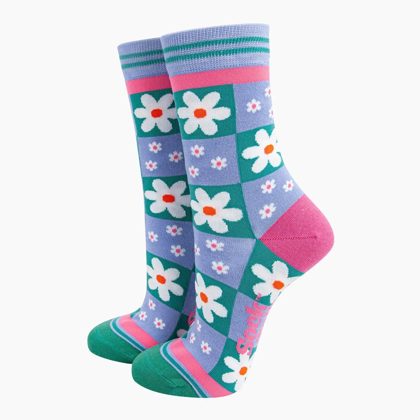 Women's Flower Check Bamboo Socks - Blue (Size 3-7)