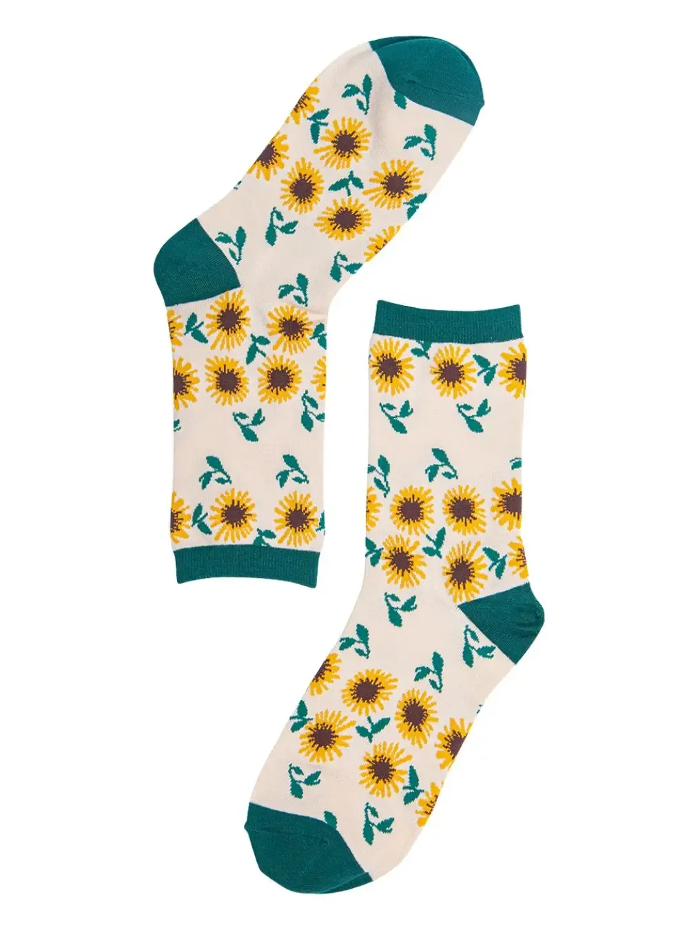 Women's Sunflowers Bamboo Socks - Cream &amp; Green (Size 3-7)