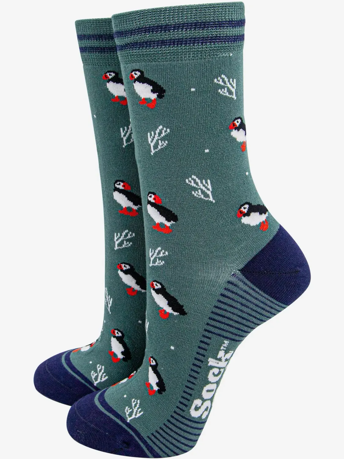 Women's Puffins &amp; Coral Bamboo Socks - Sage Green  &amp; Navy ( Size 3-7)