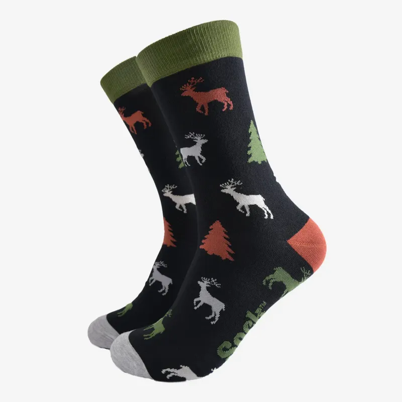 Men's Stag Christmas Tree Bamboo Socks - Black (Size 7-11)