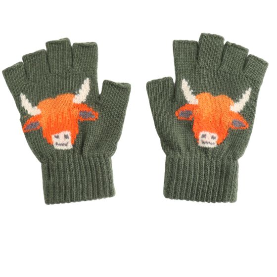Lua Highland Cow Fingerless Gloves - Olive