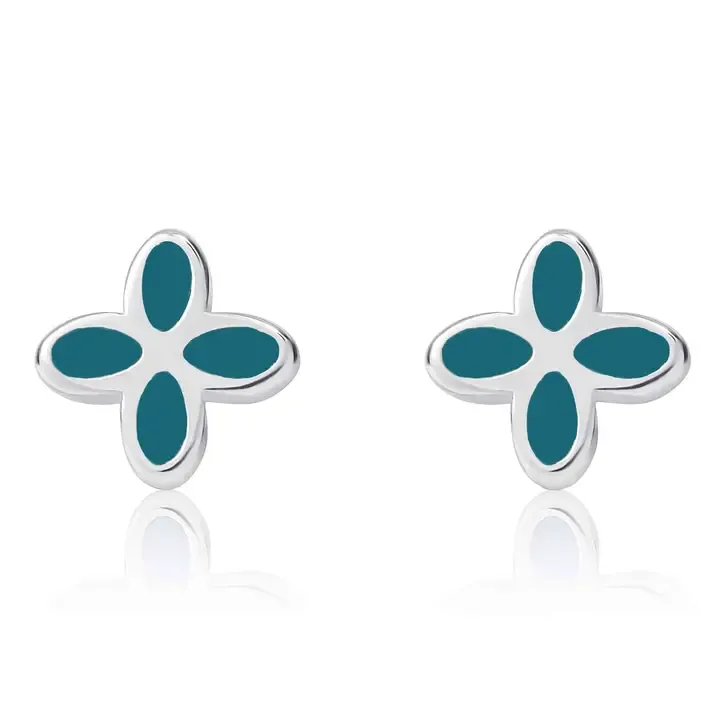 Geo Flower Studs With Petrol Blue Enamel