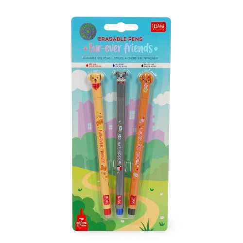Legami Fur-ever Friends Set Of 3 Erasable Gel Pens - Golden, Bulldog &amp; Poodle