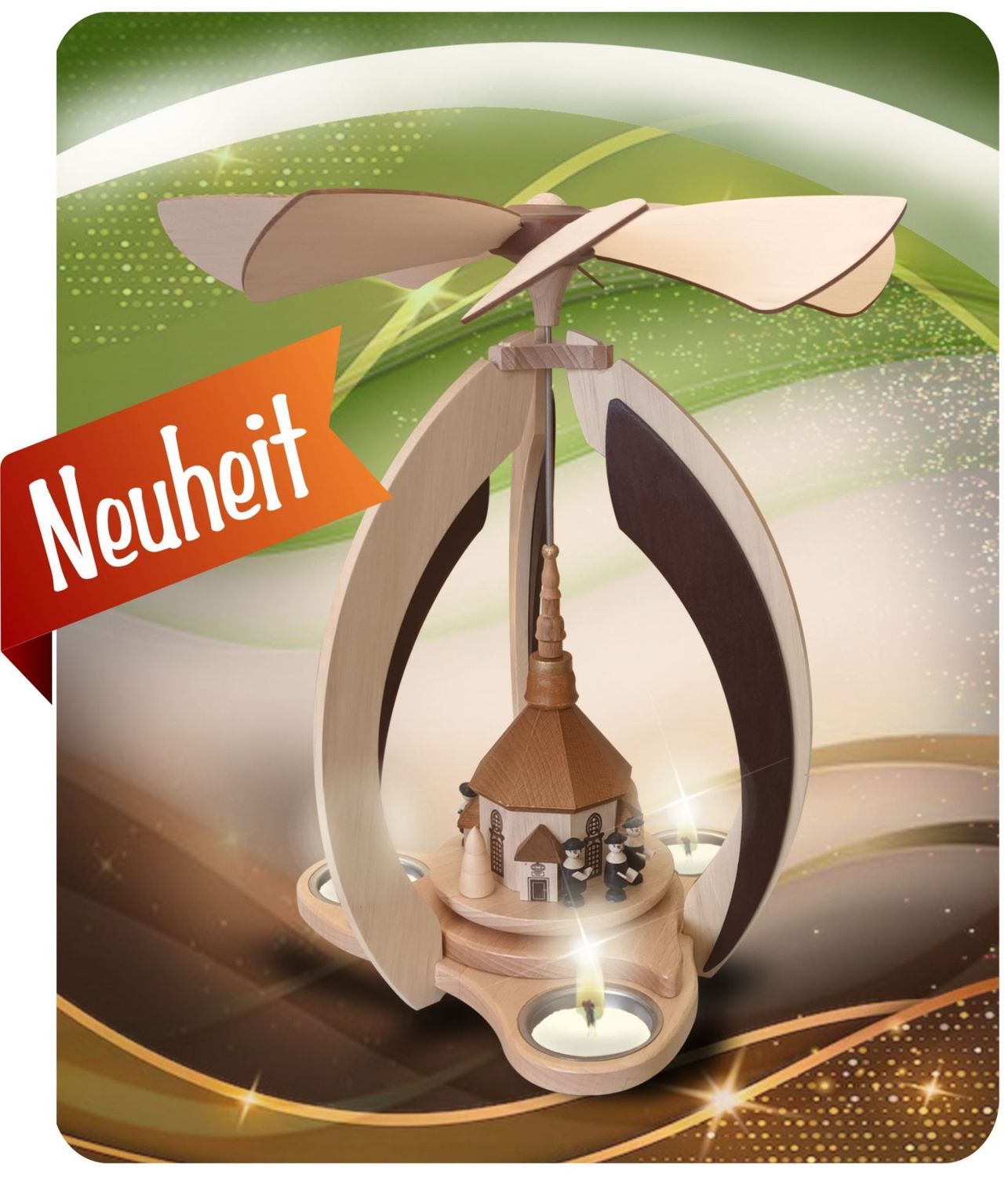 Pyramide mit Seiffener Kirche für 3 Teelichter