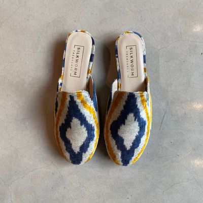 IKAT Slipper Rund - Blau, Beige, Gold