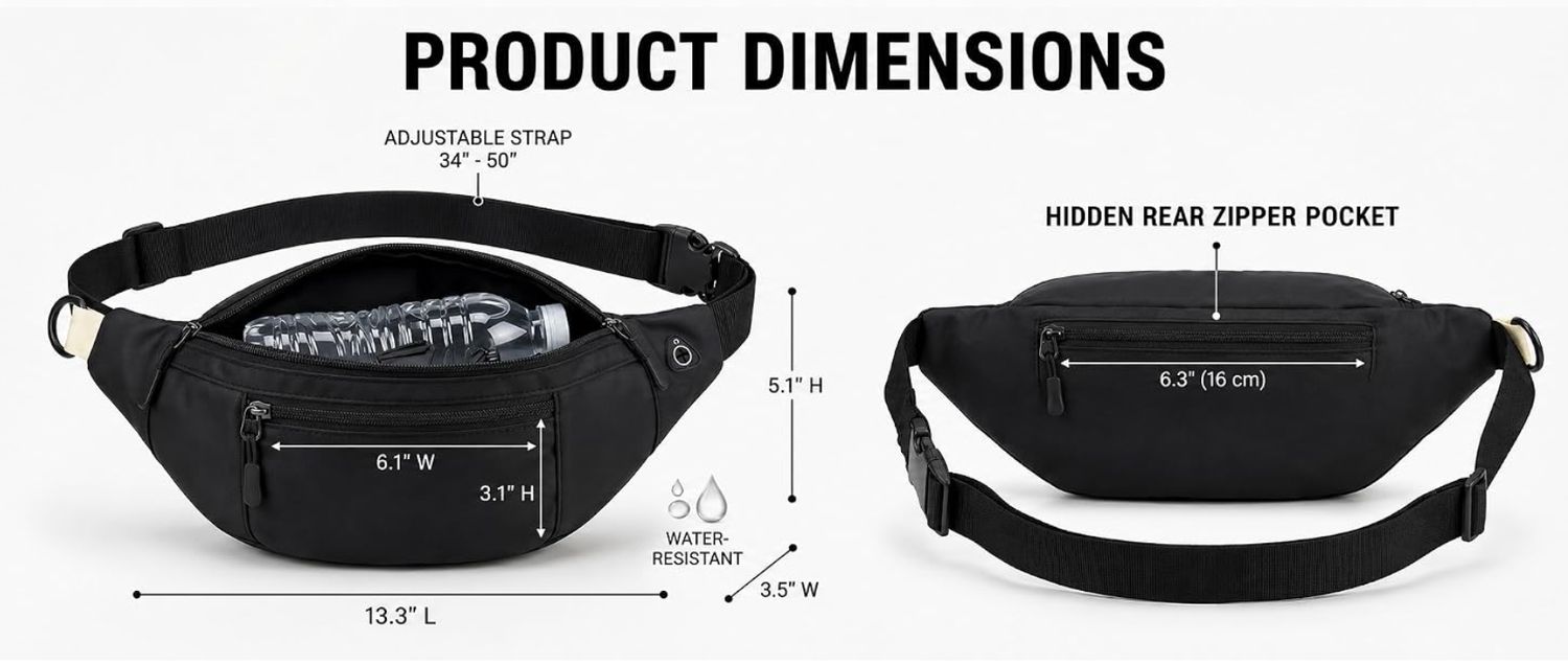 Black Fanny bag for Men and Women, Crossbody Waist Bag