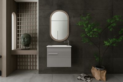 Dovvo وحدة دوفو لون جريش فاتح لامع ٥٠*٣٠سم بالحوض الابيض انزو من