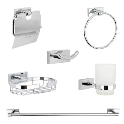 طقم إكسسوارات 6 قطع بفواطة مستطيلة وصبانة 15سم وحامل كأس أسنان  C4500 وعلاقة مزدوجة وفواطة دائرية و وراقة ومجموعة تثبيت اللون كروم من دريم