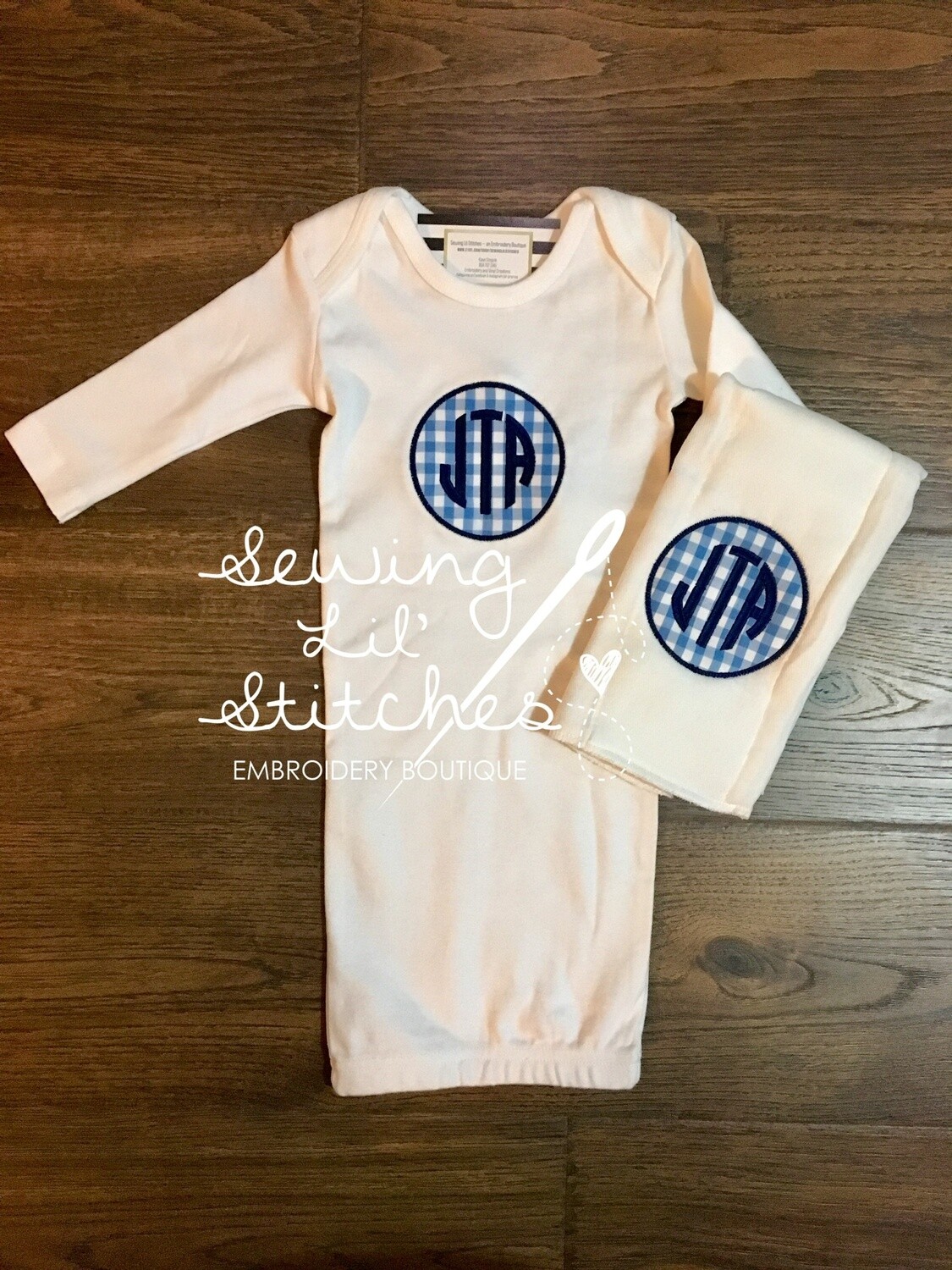 Gingham Baby Gown &amp; Burp Cloth Set