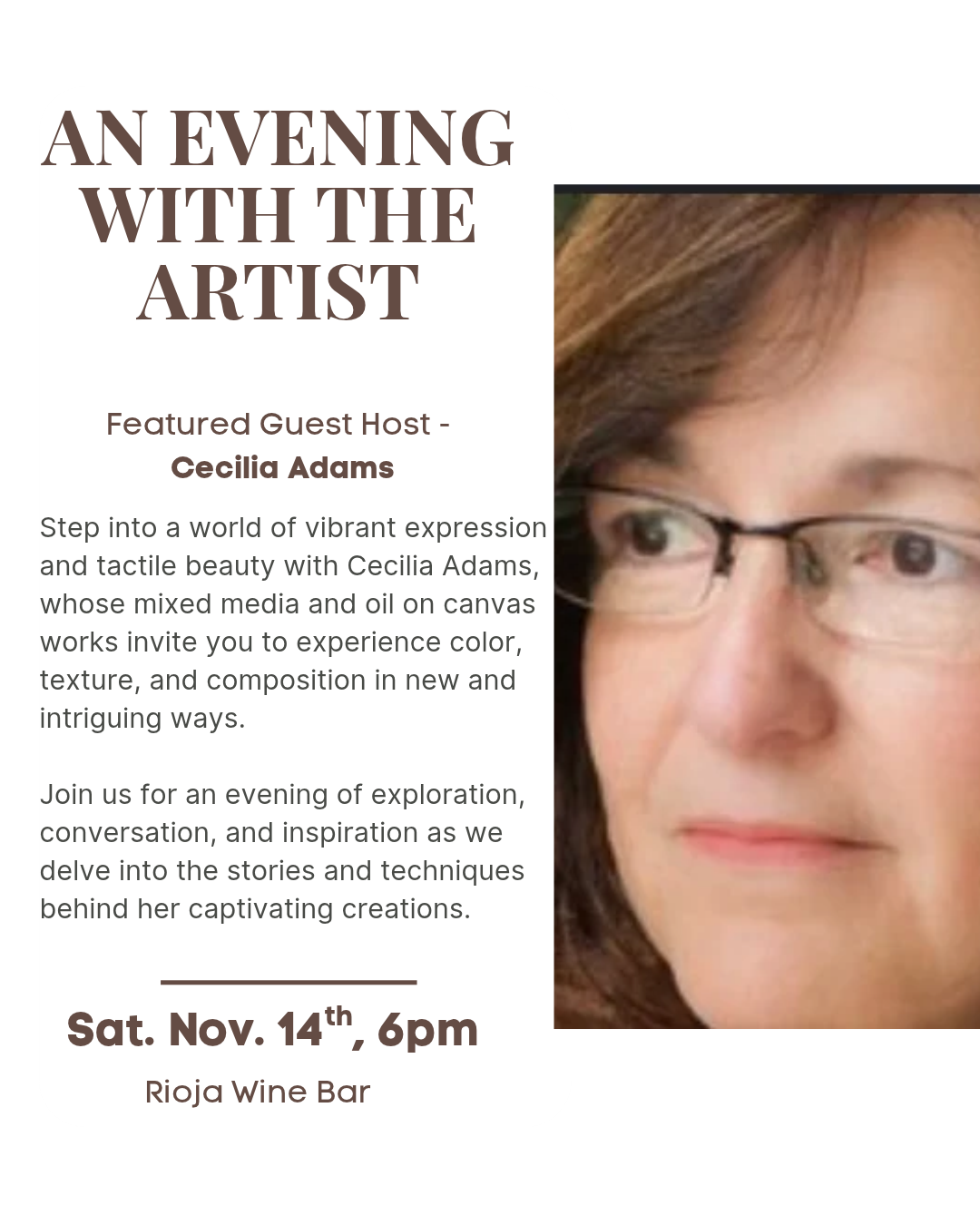 Night W. The Artist - Cecilia Adams, Sat. Nov 29, 6pm